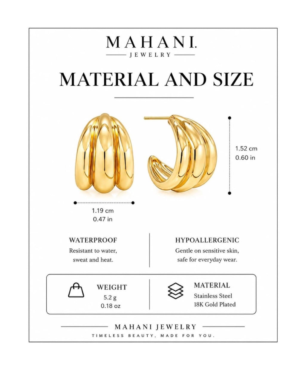 Material and size details — Aria Ridged Hoops