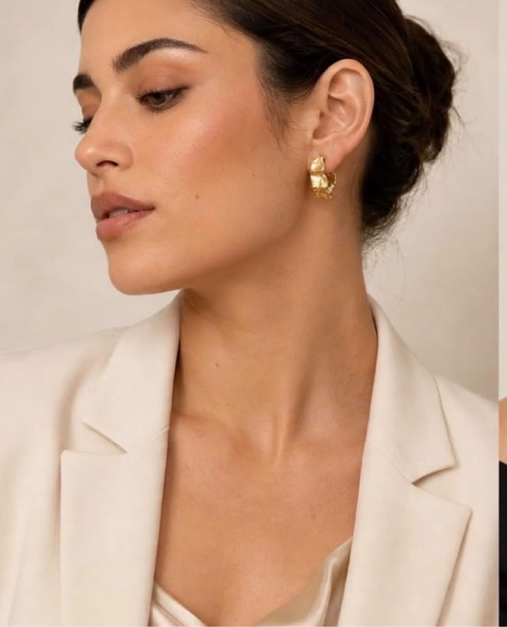Model in blazer wearing Josephine Molten Hoops
