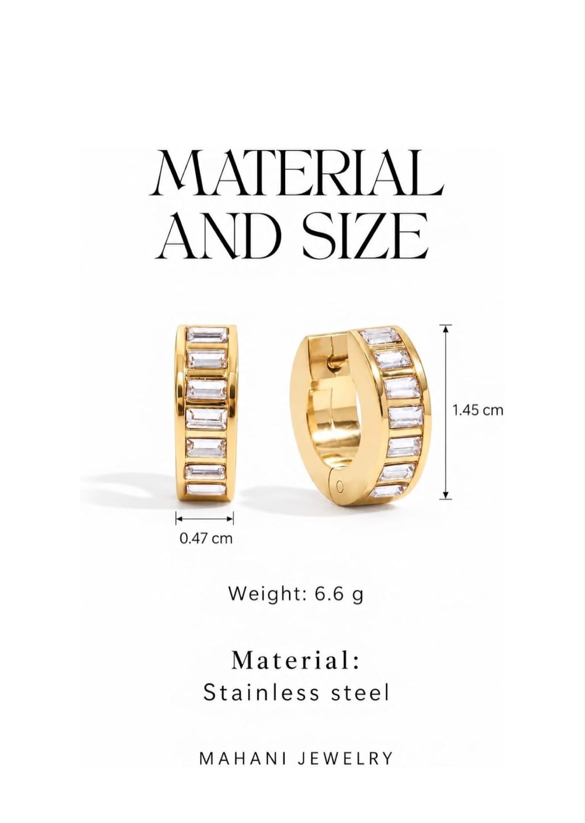 Material and size details — Tina Baguette Hoops