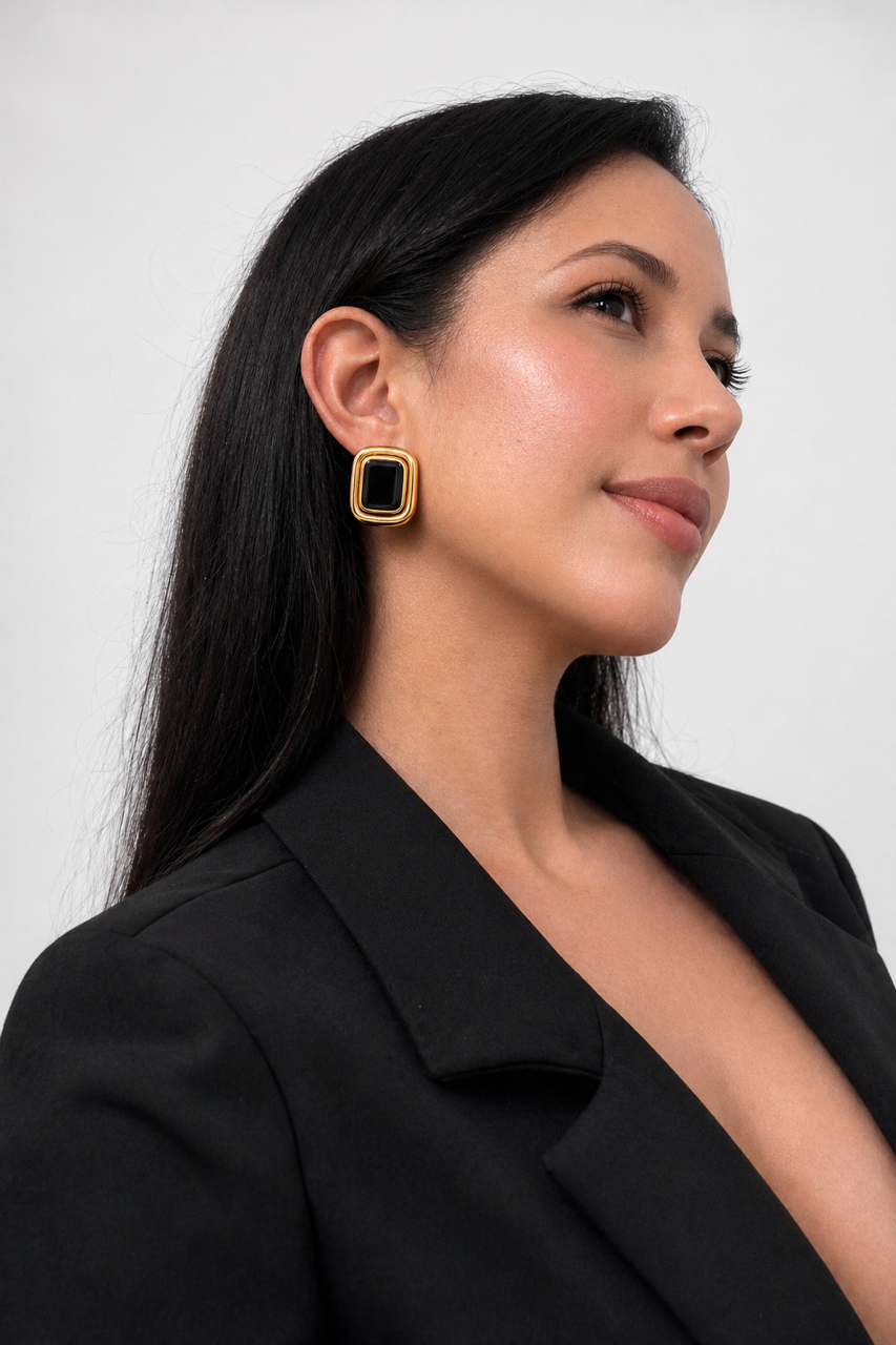 Black Acrylic Gold Stud Earrings — 18K Gold Plated | Vintage Square