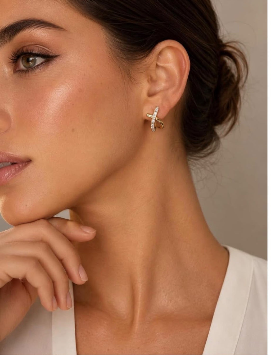 Model in blazer wearing Bianca Criss-Cross Studs