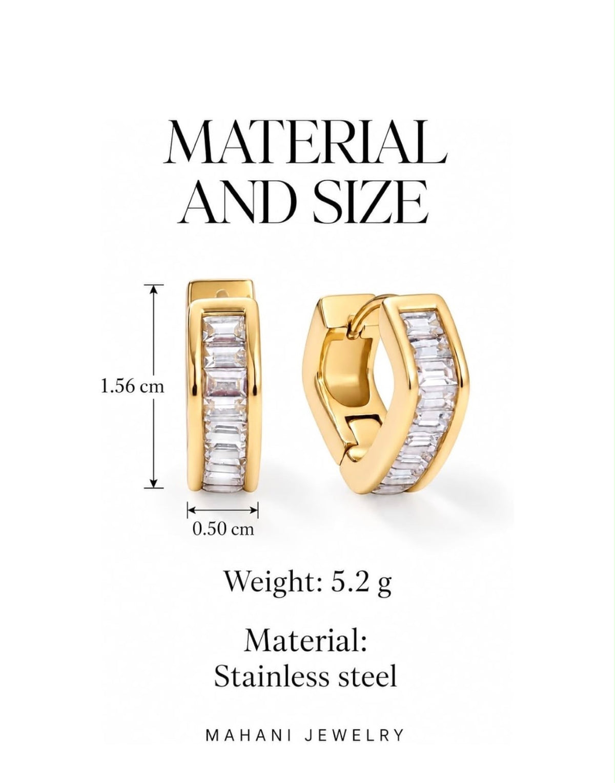 Material and size details — The Crystal Baguette Hoops