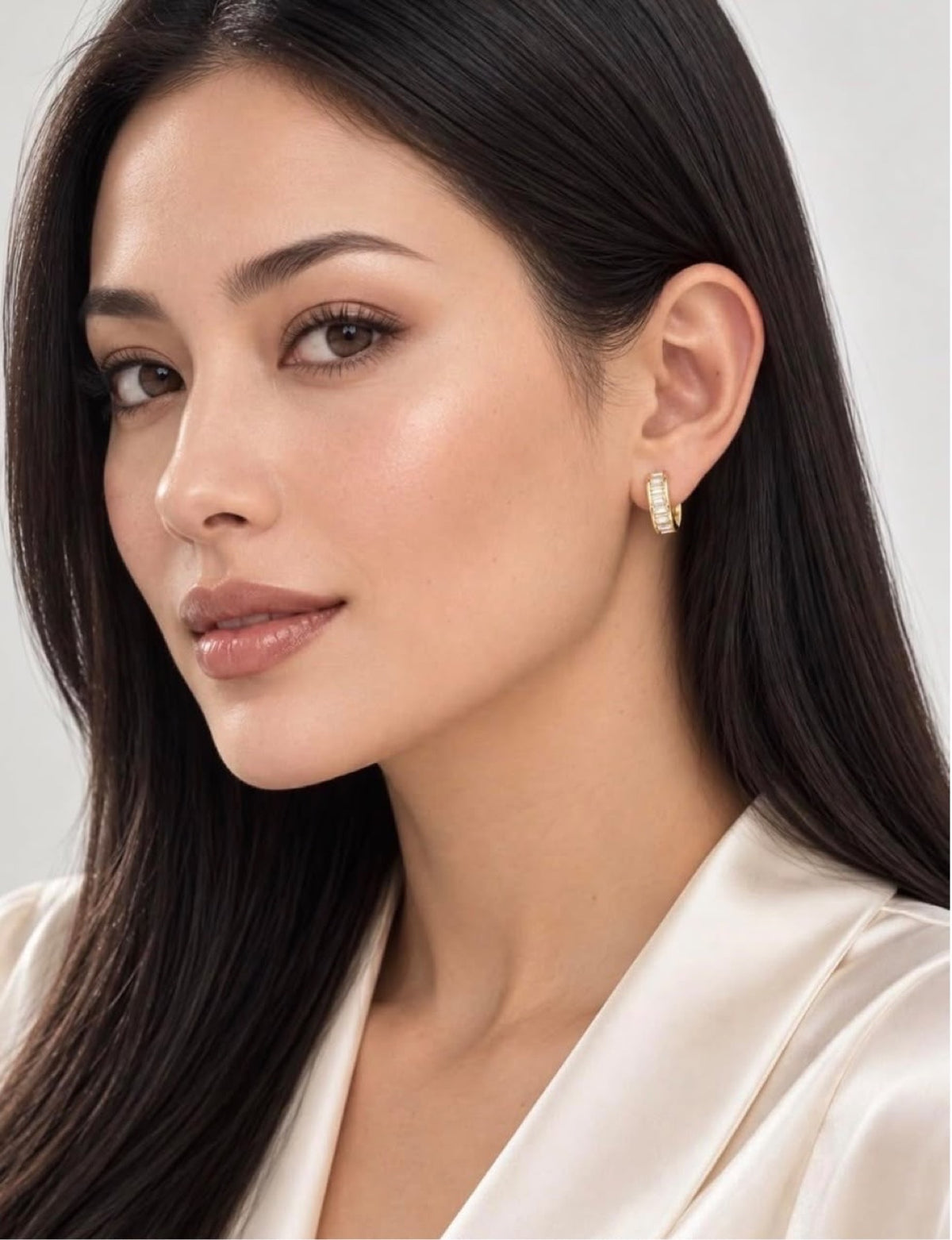 Model wearing Tina Baguette Hoops, side view