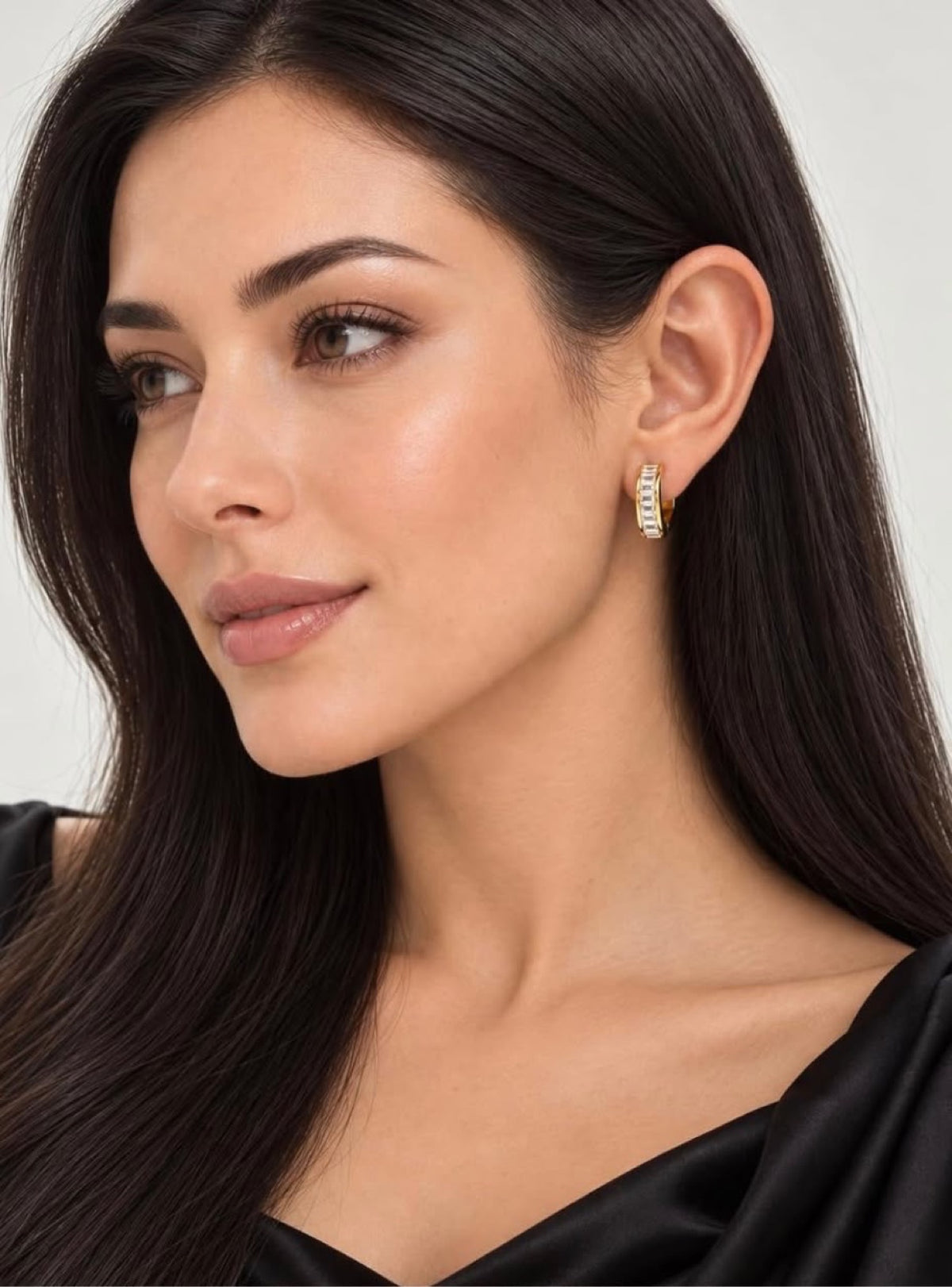 Model wearing The Crystal Baguette Hoops
