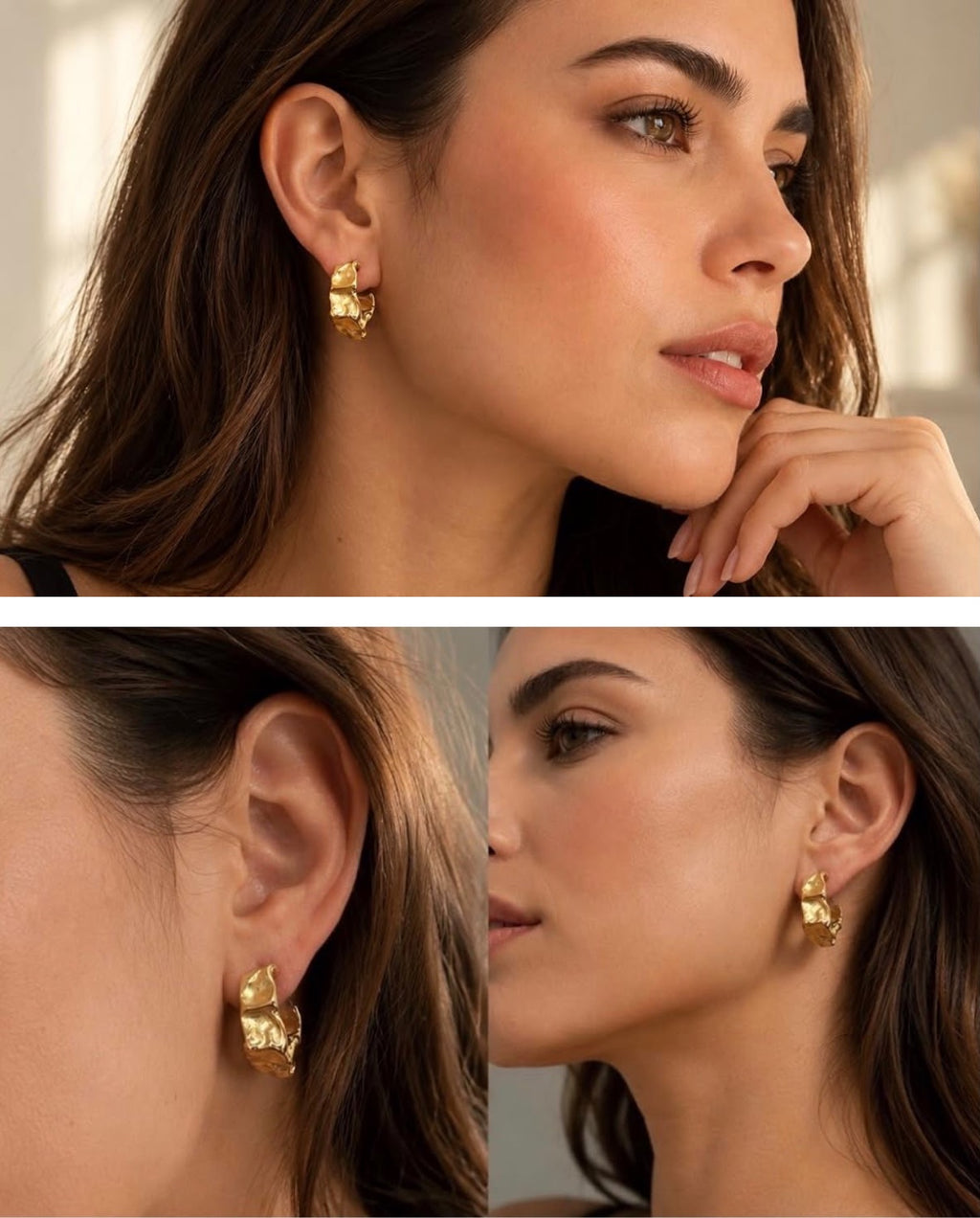 Model wearing Josephine Molten Hoops