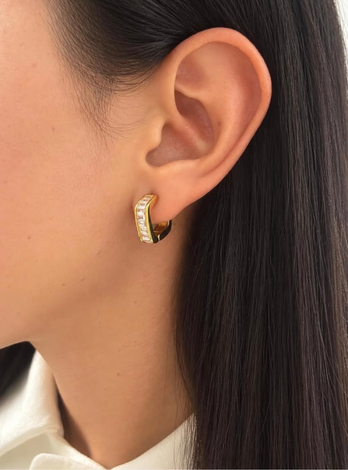 Side view of The Crystal Baguette Hoops