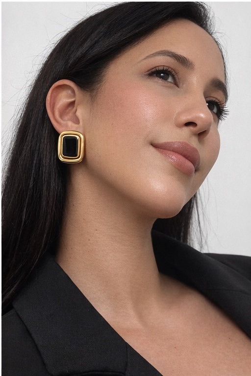 Black Acrylic Gold Stud Earrings — 18K Gold Plated | Vintage Square