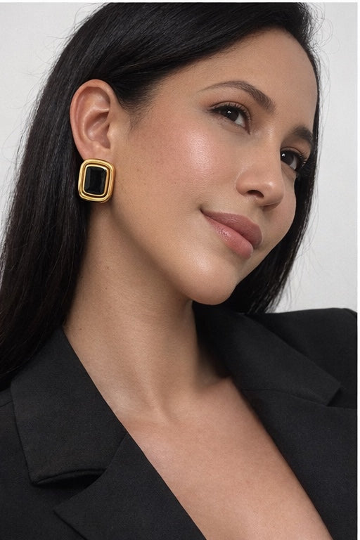 Black Acrylic Gold Stud Earrings — 18K Gold Plated | Vintage Square