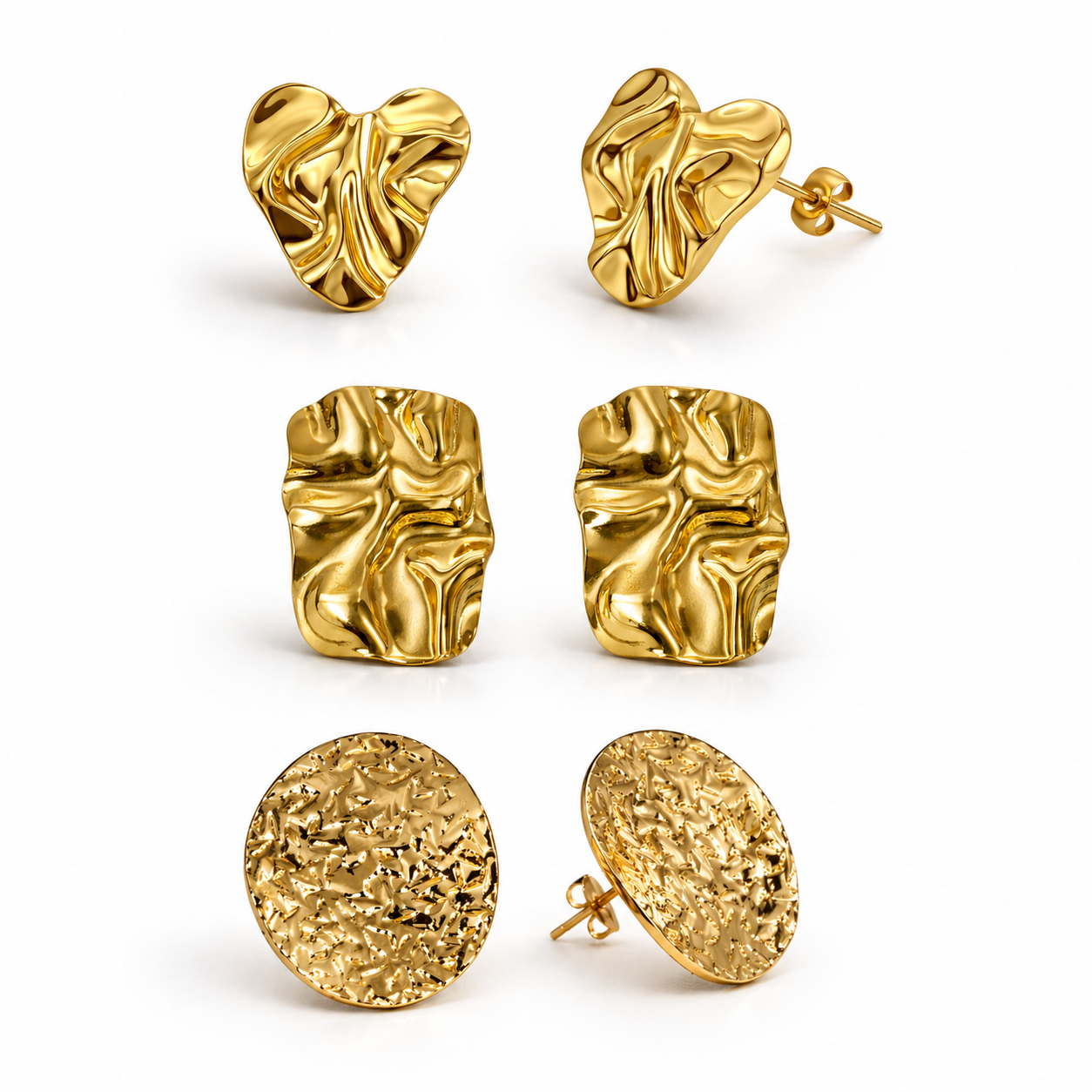 Gold Textured Stud Earrings Set — 18K Gold Plated | Set of 3 Pairs